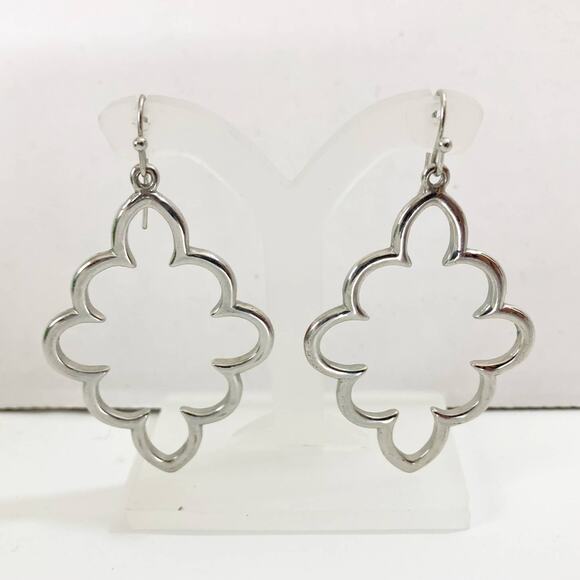 Silver Tone Dangle Pierced Earrings, Geometric scalloped hoop - Picture 5 of 5